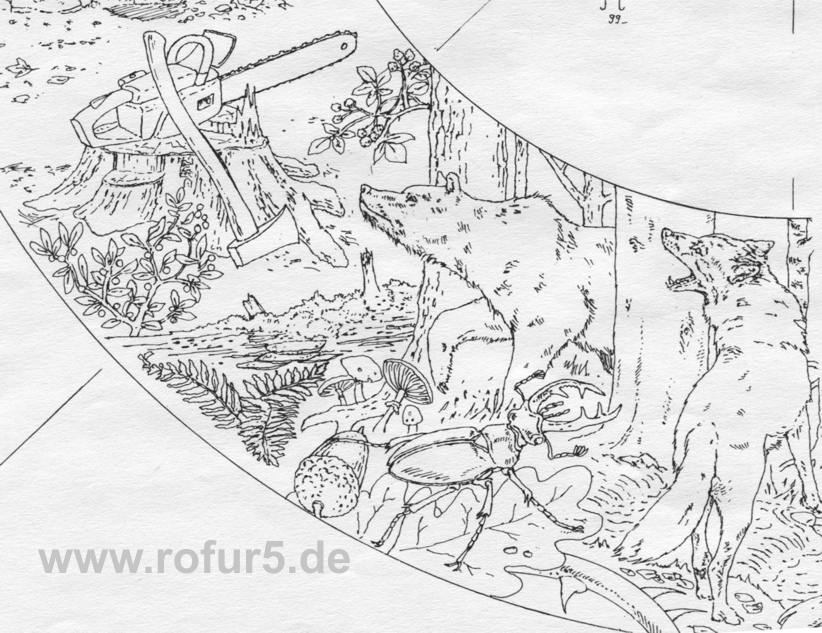Rolf Fuhrmann: Entwurfszeichnung  WELT-WALD-TELLER, Ausschnitt unten links. 1999